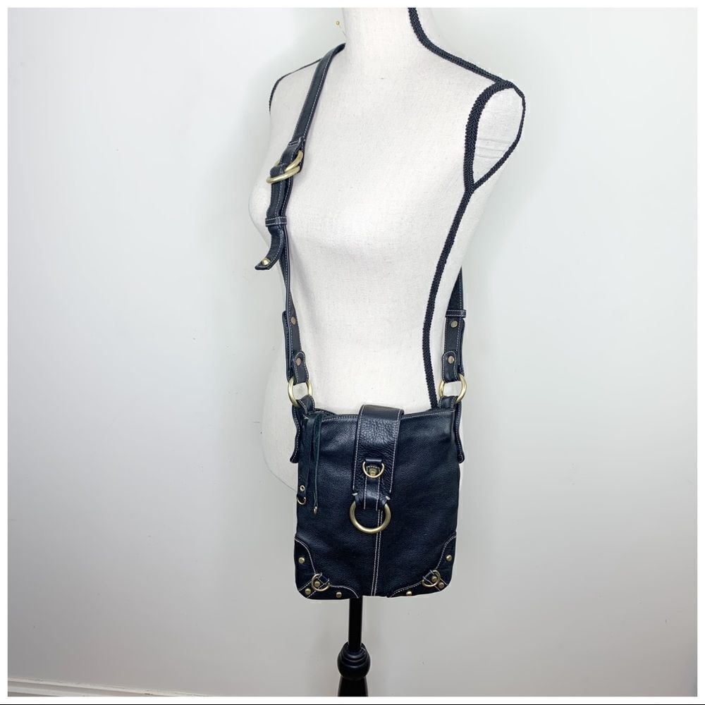 Perlina Black Leather Cross-Body Bag w/Brass Rings‎